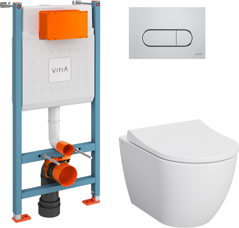 Комплект Унитаз подвесной VitrA Mia Round белый глянцевый + Крышка с микролифтом, петли хром + Инсталляция VitrA V-Fix Core + Кнопка смыва Root R 740-2280 хром