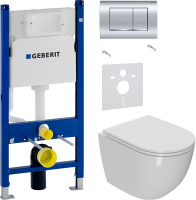 Комплект Унитаз подвесной Bauedge Bau Dream Hurricane3 безободковый, с микролифтом, белый + Звукоизоляция Geberit + Инсталляция Duofix Delta 458.163.21.1 с кнопкой смыва, хром