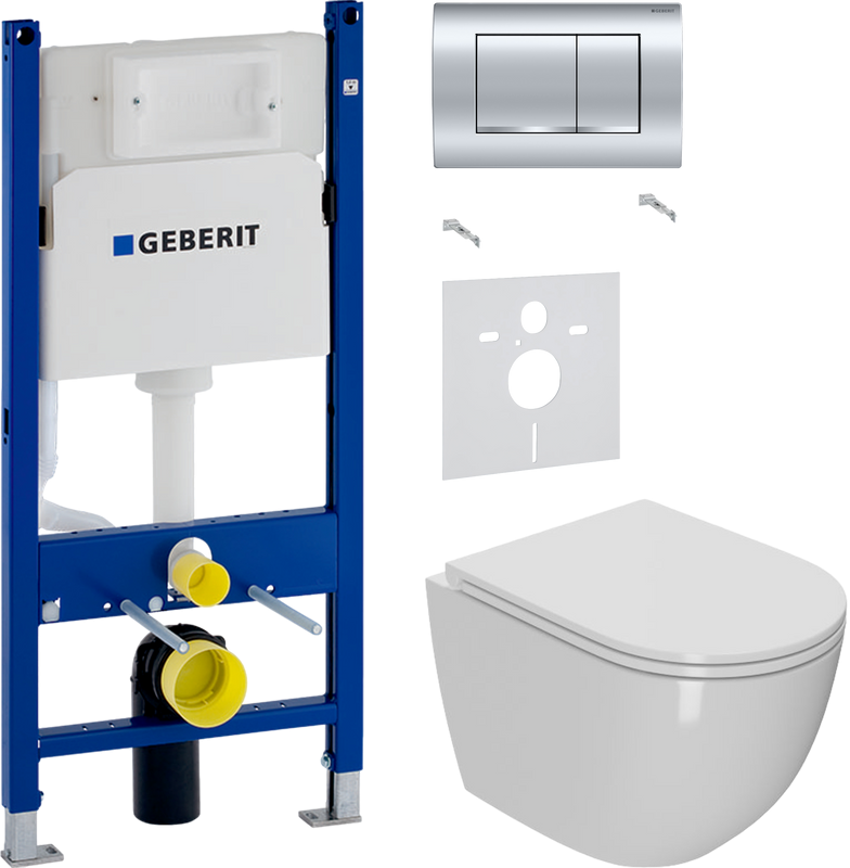 Комплект Унитаз подвесной Bauedge Bau Dream Hurricane3 безободковый, с микролифтом, белый + Звукоизоляция Geberit + Инсталляция Duofix Delta 458.163.21.1 с кнопкой смыва, хром