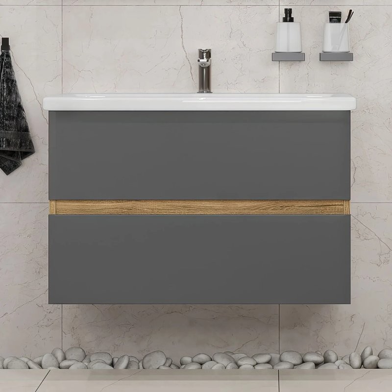 Тумба под раковину без столешницы SanStar Graffa 100 подвесная, дуб вотан, графит софт