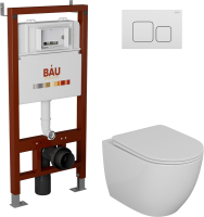 Комплект Унитаз подвесной Bauedge Bau Dream безободковый, с микролифтом + Инсталляция Bau Pro + Кнопка Soul, белая