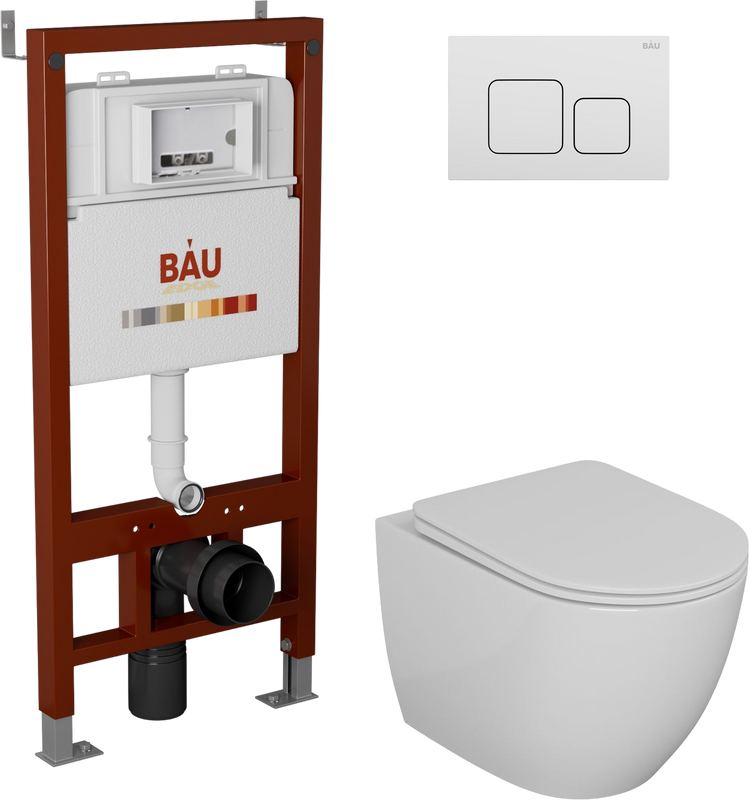 Комплект Унитаз подвесной Bauedge Bau Dream безободковый, с микролифтом + Инсталляция Bau Pro + Кнопка Soul, белая