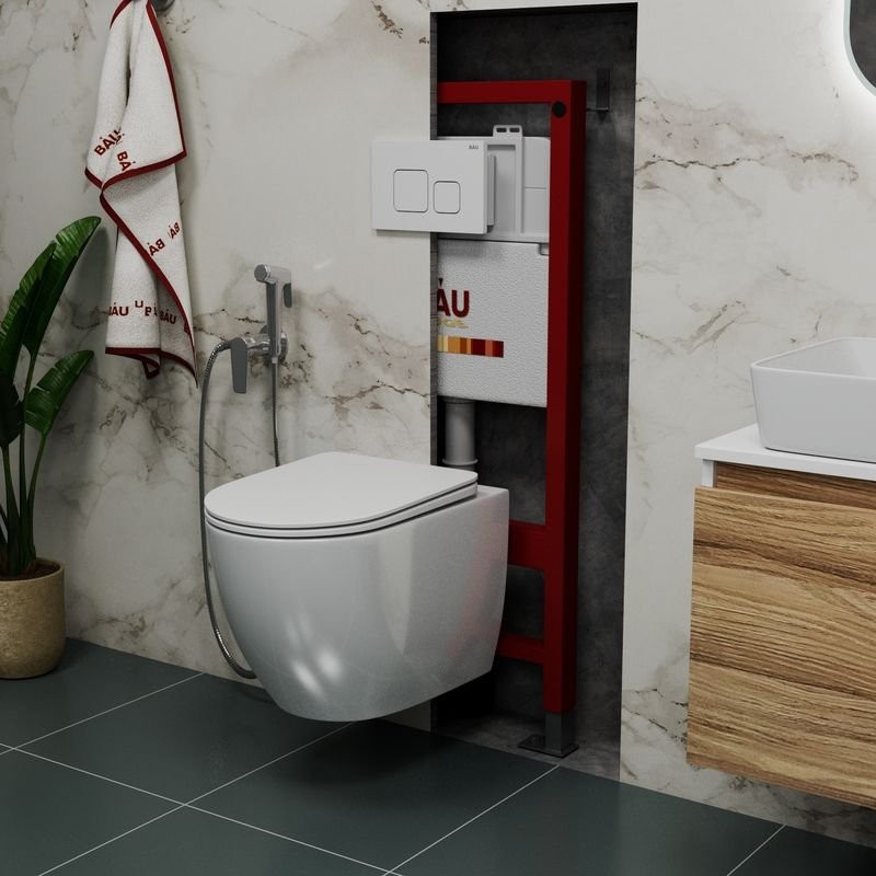 Комплект Унитаз подвесной Bauedge Bau Dream безободковый, с микролифтом + Инсталляция Bau Pro + Кнопка Soul, белая