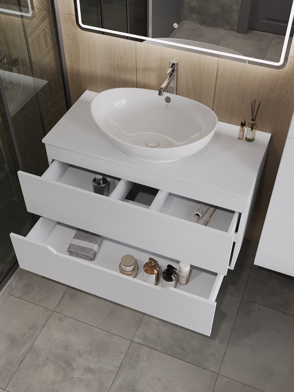 Мебель для ванной комнаты Orange Line 100 подвесная, 2 ящика, матовая белая с раковиной B08-585w
