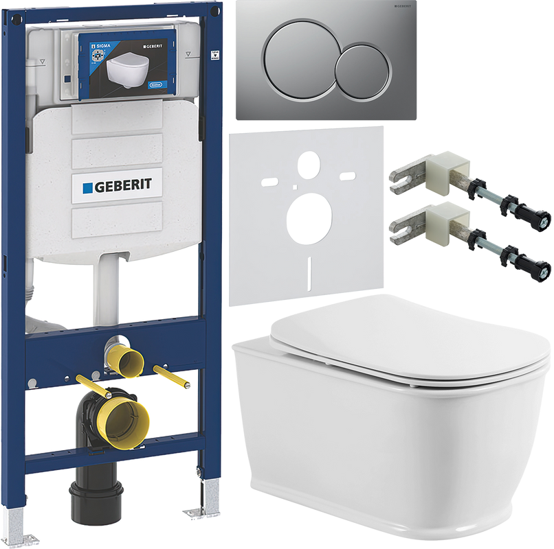 Комплект Унитаз подвесной BelBagno Prado BB10150CH безободковый + Крышка BB10150SC с микролифтом, петли хром + Инсталляция Geberit Duofix UP 320 111.300.00.5 + Кнопка Sigma 01 115.770.JQ.5 лакированная, матовый хром + Крепления 111.815.00.1 к стене + Звук