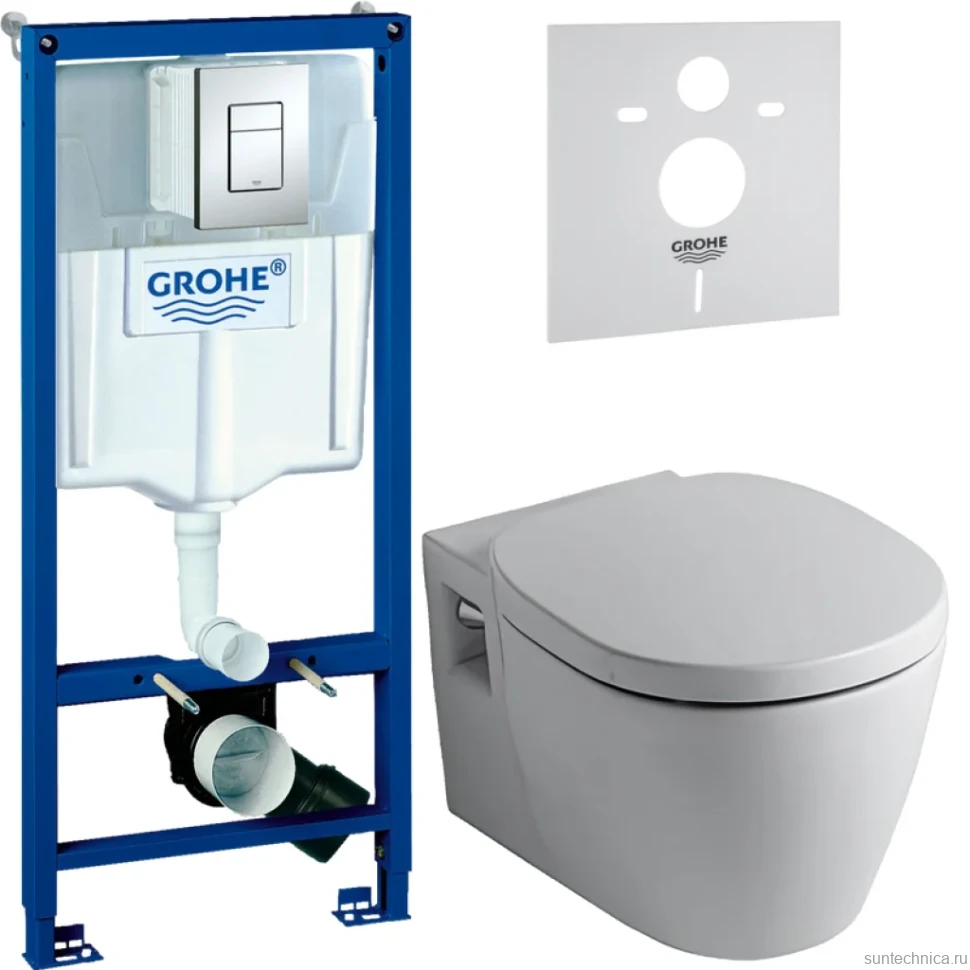 Комплект Унитаз подвесной Ideal Standard Connect + Крышка E712701 с микролифтом, петли хром + Инсталляция Grohe Rapid SL 38772001 3 в 1 с кнопкой смыва + Звукоизоляция