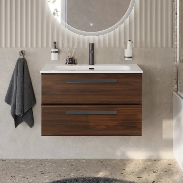 Тумба с раковиной Cezares Eco Cer-N 80 орех шоколад софт, раковина Eco 80, ручки матовые черные