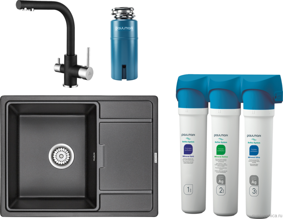 Комплект Мойка кухонная Paulmark Flugen 50-650 PM216550-BL черный + Смеситель Essen Es213011-418 черный металлик + Измельчитель Intenso I-PRO 1000 + Фильтр Refine System