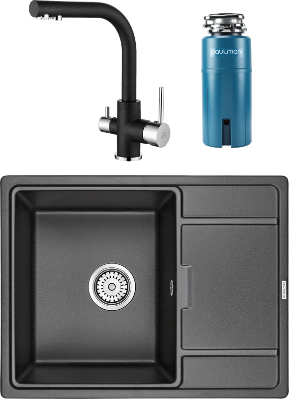 Комплект Мойка кухонная Paulmark Flugen 50-650 PM216550-BL черный + Смеситель Essen Es213011-418 черный металлик + Измельчитель Intenso I-PRO 1000 + Фильтр Refine System
