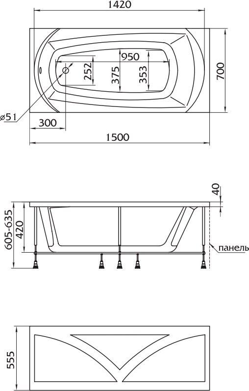 Акриловая ванна 1MarKa Elegance 150x70 см, пристенная, белая, на ножках