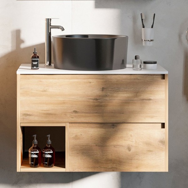 Тумба с раковиной STWORKI Карлстад 75 дуб рустикальный, простоун беж, с раковиной на выбор