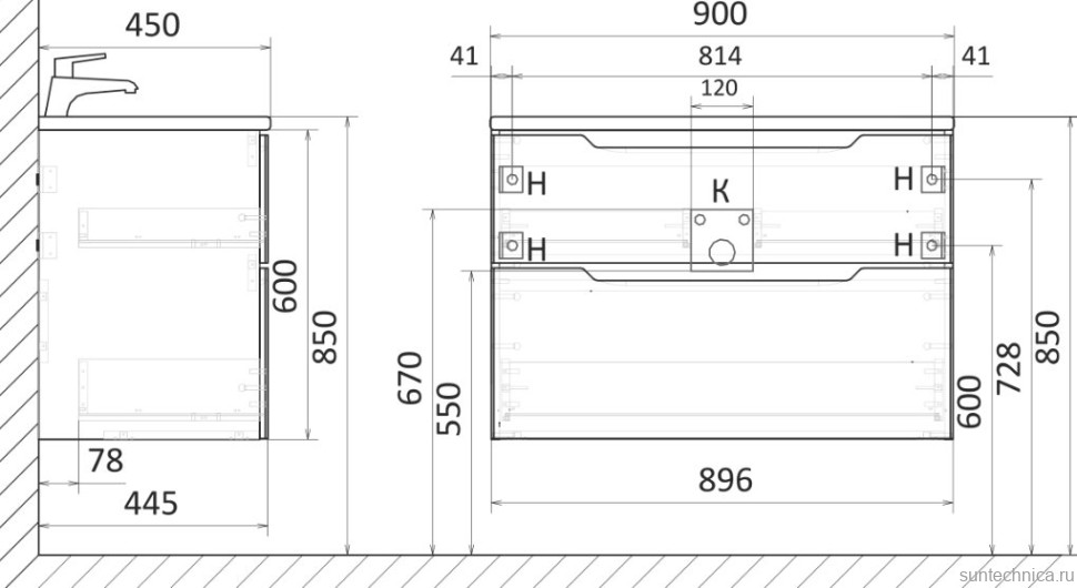 Тумба с раковиной Raval Wector 90, подвесная, антрацит