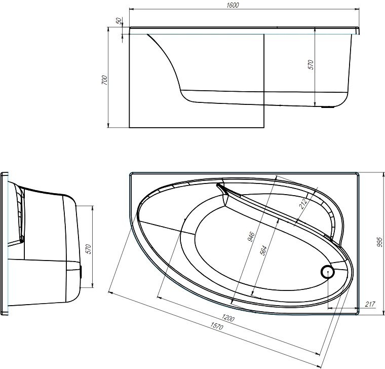 Акриловая ванна Alex Baitler Nero L 160x100 см, угловая, левая, встраиваемая, белая, асимметричная, с экраном