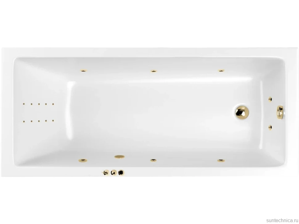 Акриловая ванна WHITECROSS Wave Smart Nano 170x70 см, встраиваемая, с гидромассажем, белый глянец, с каркасом, со сливом-переливом, фурнитура золото