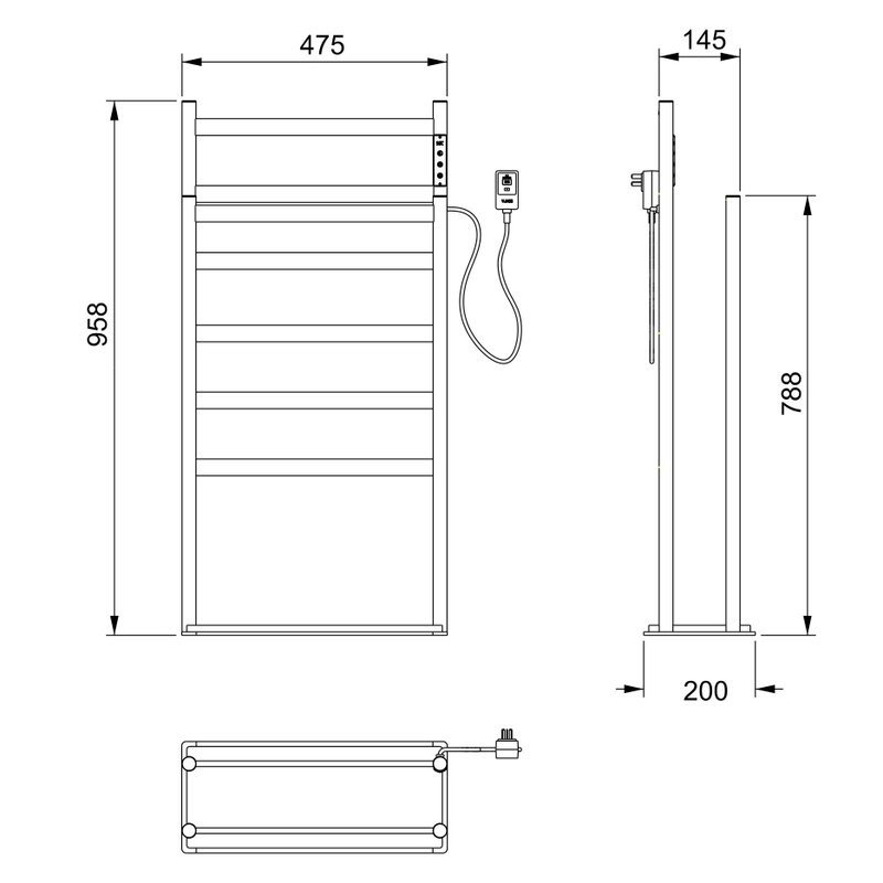Полотенцесушитель электрический Wonzon & Woghand Essen WW-A407-GM 95x45 см, подключение справа, темный графит, лесенка, напольный