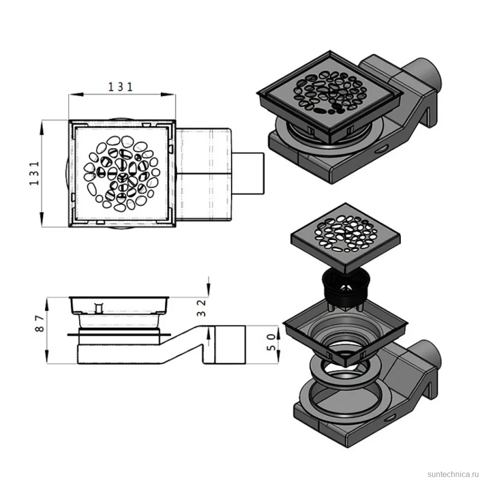 Душевой трап Plumberia Selection PS Stones PSS13BR 13x13, в пол, бронза, с сифоном