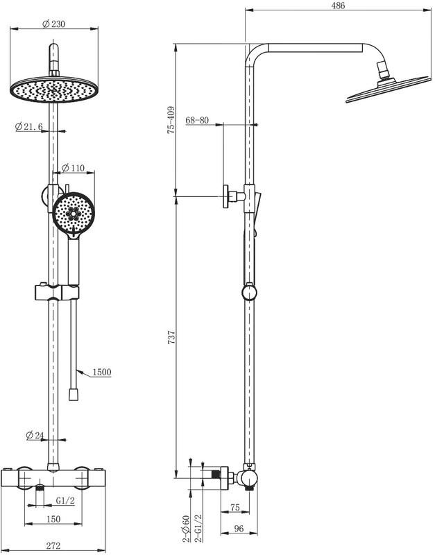 Душевая стойка Wonzon & Woghand WW-B3047-A-CR хром