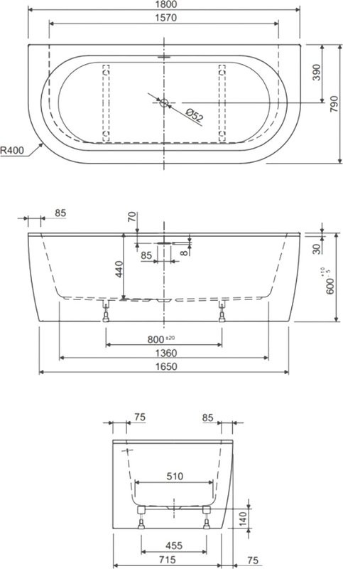 Акриловая ванна Cezares Slim SLIM WALL-180-80-60-NERO-SET 180x80 см, пристенная, черная матовая, овальная, с каркасом, со сливом-переливом