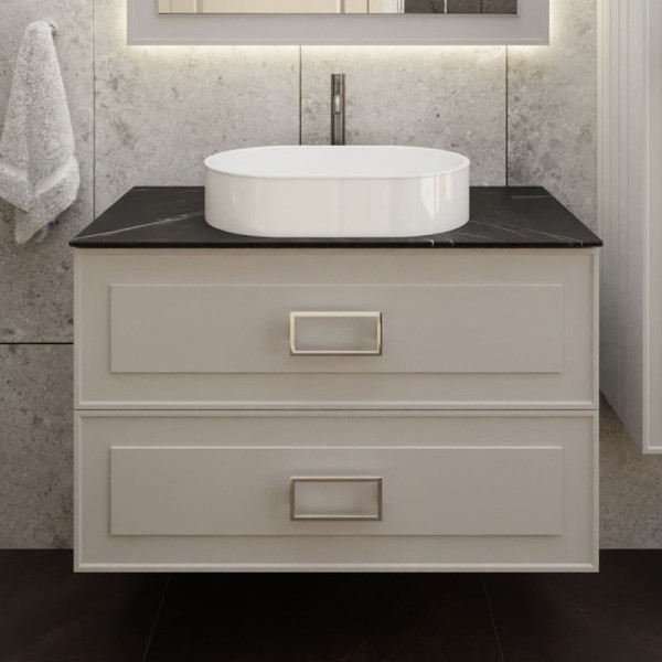 Тумба под раковину со столешницей La Fenice Cubo Twin 90 подвесная, cappuccino , бежевая матовая, столешница черный мрамор, ручки белые