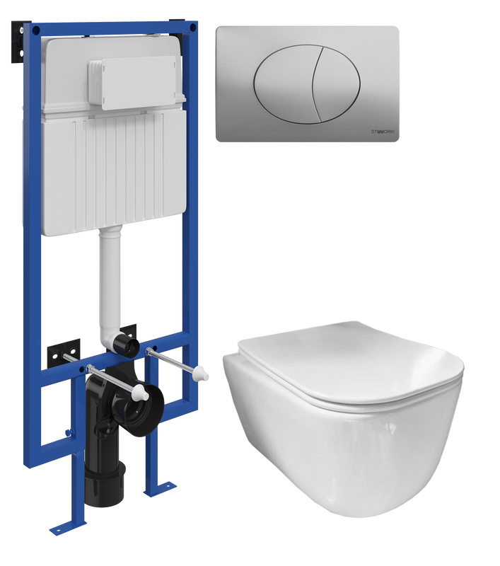 Комплект Унитаз подвесной Ceramicanova New Day CN3005 с микролифтом, безободковый + Инсталляция STWORKI + Кнопка 230823 хром матовый