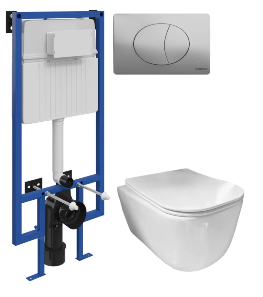 Комплект Унитаз подвесной Ceramicanova New Day CN3005 с микролифтом, безободковый + Инсталляция STWORKI + Кнопка 230823 хром матовый