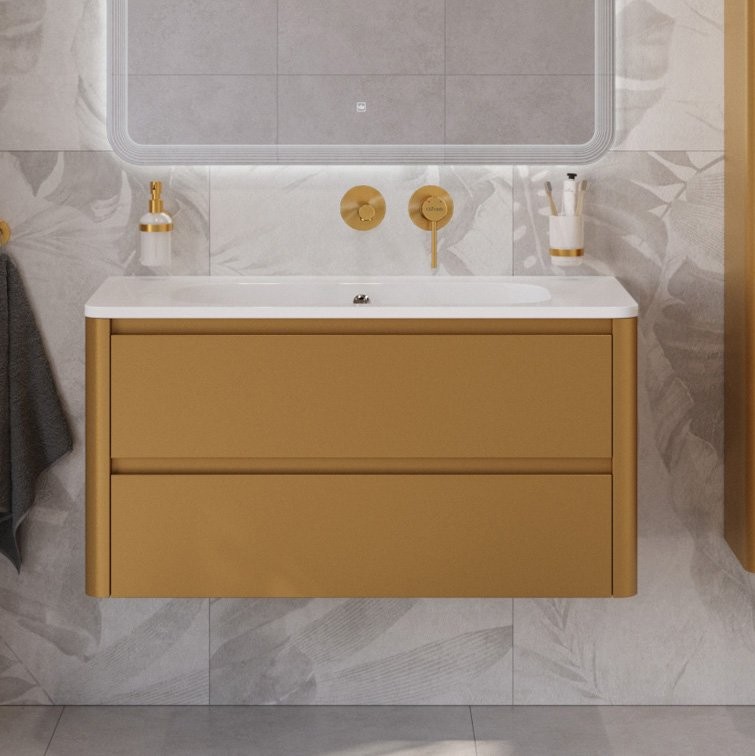 Тумба с раковиной Cezares Relax 100 подвесная, 2 ящика, брашированное золото