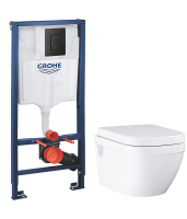 Комплект Унитаз подвесной Grohe Euro Ceramic 39703000 безободковый + Инсталляция Solido 38811KF0 3 в 1 с кнопкой смыва