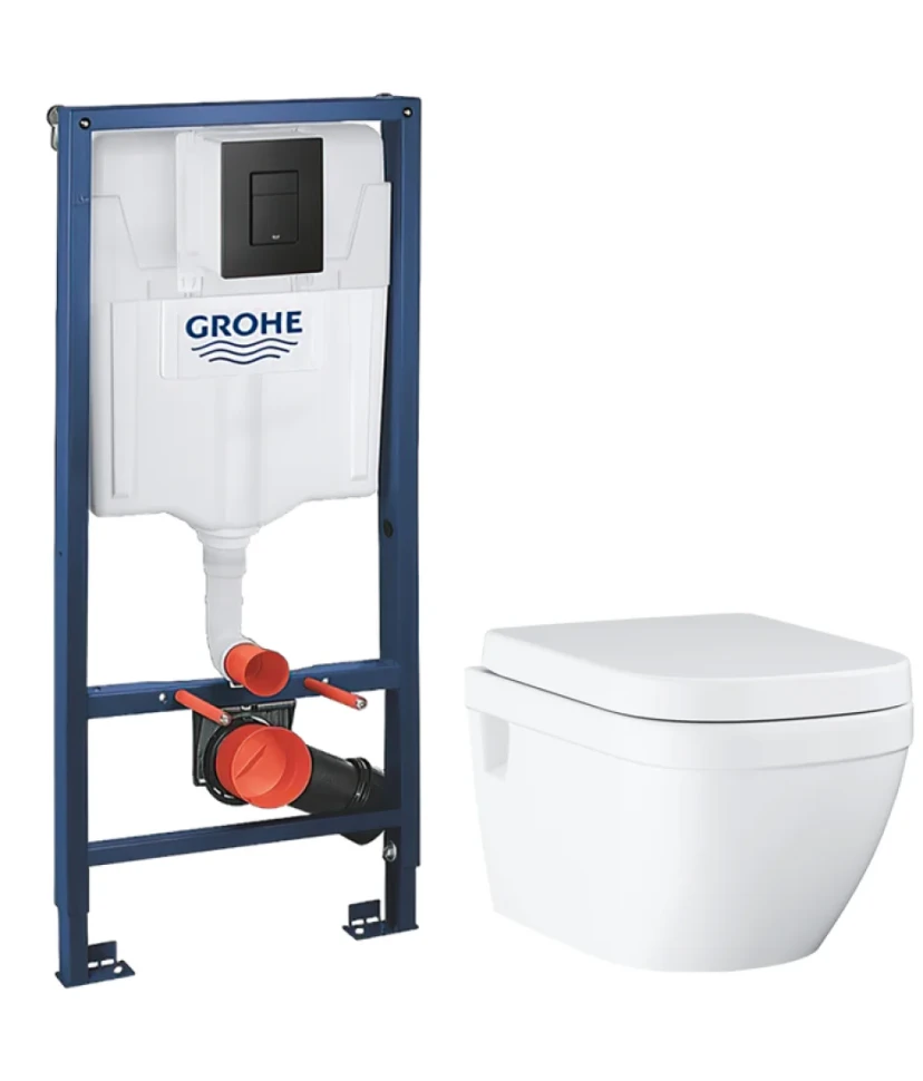 Комплект Унитаз подвесной Grohe Euro Ceramic 39703000 безободковый + Инсталляция Solido 38811KF0 3 в 1 с кнопкой смыва