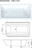 Комплект Акриловая ванна 1MarKa Modern Стандарт 1+ 120x70 см, пристенная, белая, со сливом-переливом