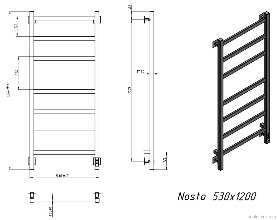 Полотенцесушитель электрический Grota Nosto 530х1200 NP EL 120x55 см, подключение справа, слева, скрытое подключение справа, глянцевый хром, лесенка