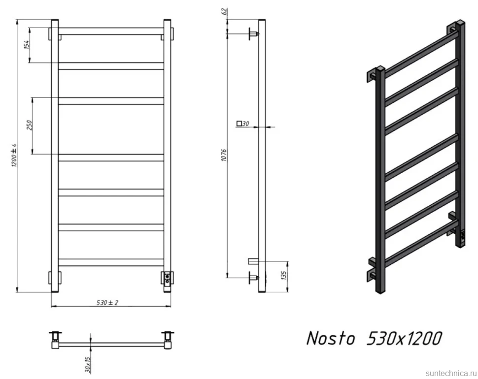 Полотенцесушитель электрический Grota Nosto 530х1200 NP EL 120x55 см, подключение справа, слева, скрытое подключение справа, глянцевый хром, лесенка