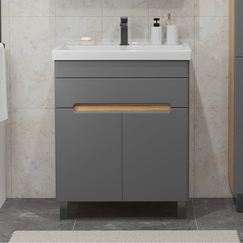 Тумба с раковиной SanStar Модена 70 напольная, графит софт, дуб вотан, раковина Фостер 70