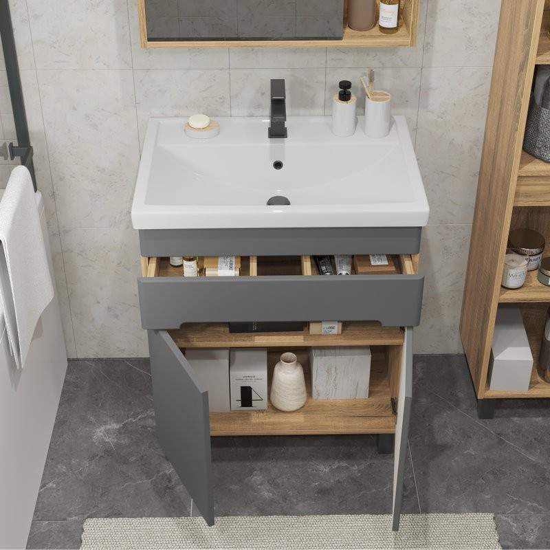 Тумба с раковиной SanStar Модена 70 напольная, графит софт, дуб вотан, раковина Фостер 70