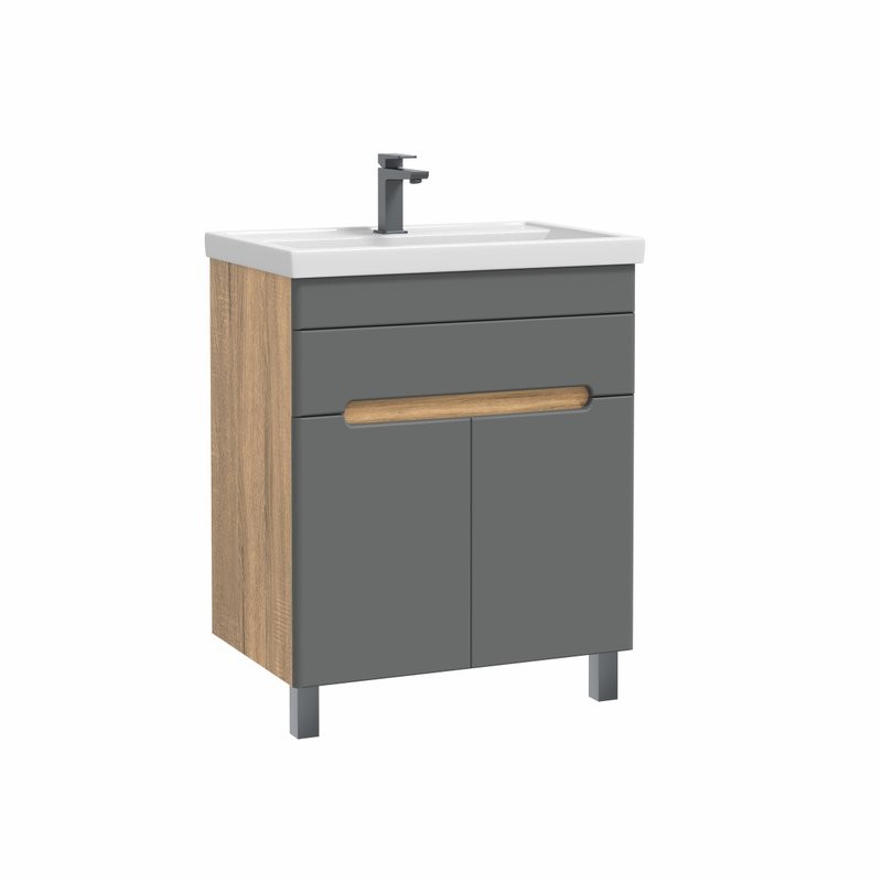 Тумба с раковиной SanStar Модена 70 напольная, графит софт, дуб вотан, раковина Фостер 70