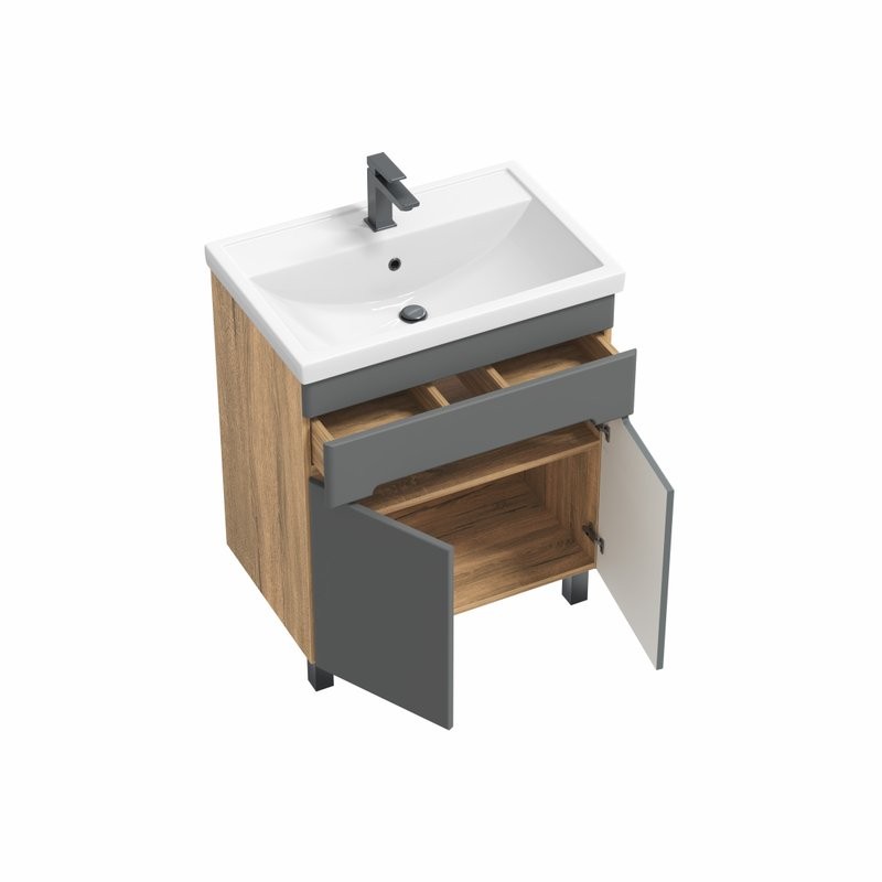 Тумба с раковиной SanStar Модена 70 напольная, графит софт, дуб вотан, раковина Фостер 70