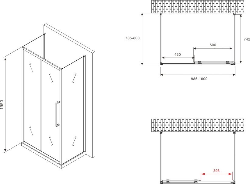 Душевой уголок Abber Schwarzer Diamant AG30100BH-S80B-S80B 100x80, профиль черный,  стекло прозрачное