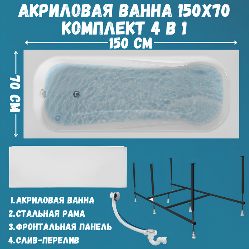 Акриловая ванна 1MarKa Classic A Премиум 150x70 см, пристенная, белая, с каркасом, с экраном, со сливом-переливом