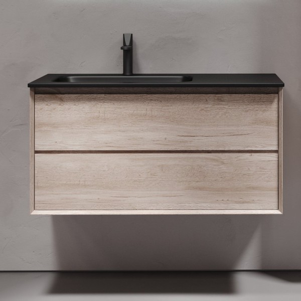 Тумба с раковиной Sancos Marmi 2.0 100 L черная раковина, дуб галифакс натуральный