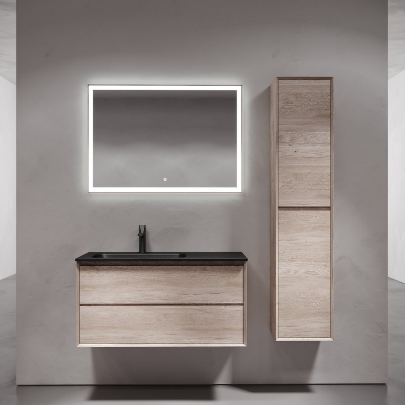 Тумба с раковиной Sancos Marmi 2.0 100 L черная раковина, дуб галифакс натуральный