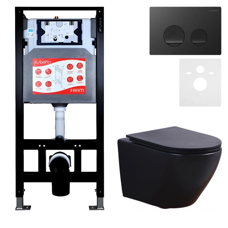 Комплект 3 в 1 Унитаз подвесной Esbano Azalea ESUPAZALBM + Инсталляция Fram + Кнопка ESINSLM37MB цвет матовый черный