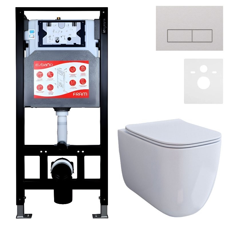 Комплект 3 в 1 Унитаз подвесной Esbano ESUPGARAW + Инсталляция Fram + Кнопка ESINMTP21ST цвет сатин