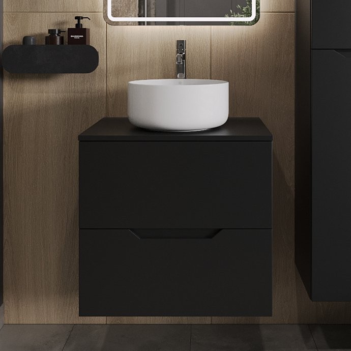 Тумба с раковиной Orange Line 60 подвесная, 2 ящика, матовая черная с раковиной B07-345W