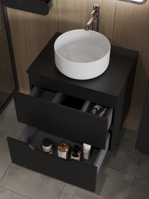 Тумба с раковиной Orange Line 60 подвесная, 2 ящика, матовая черная с раковиной B07-345W