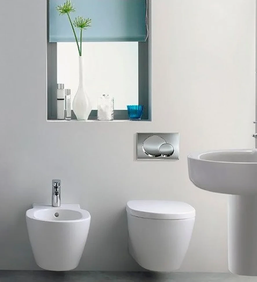 Комплект 4 в 1 Унитаз подвесной Ideal Standard Connect AquaBlade E047901 + Сиденье E712801 + Инсталляция с кнопкой Geberit Duofix Delta 458.149.21.1 цвет хром + Звукоизоляция 156.050.00.1