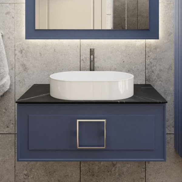 Тумба под раковину со столешницей La Fenice Cubo 90 подвесная, синяя, столешница черный мрамор, белая ручка