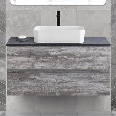 Тумба под раковину со столешницей Cezares Bellagio 46 100 подвесная, legno grigio, marmo nero opaco