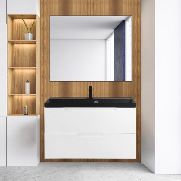 Мебель для ванной комнаты BelBagno Vittoria 100 подвесная, bianco opaco, черная матовая раковина