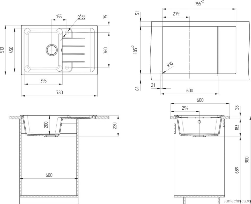 Мойка кухонная Ulgran Quartz Gerda 780 уголь + дозатор UQ 01 уголь