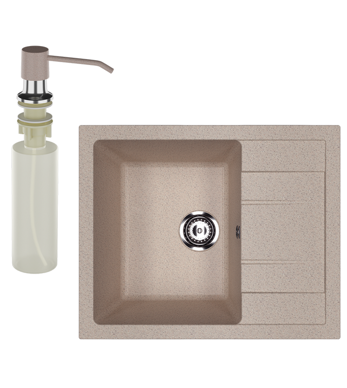 Мойка кухонная Ulgran U-607 302 песочная + дозатор U-01 песочный