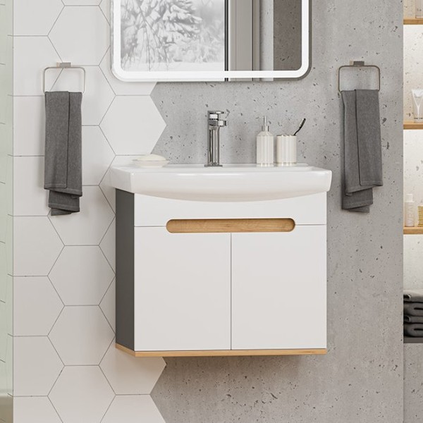 Тумба с раковиной Misty Сканди 60 подвесная, белая, дуб крафт золотой, антрацит